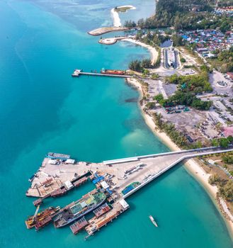 Aerial view of Thong Sala pier, boat and koh Tae Nai in koh Phangan, Thailand, south east asia