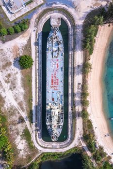 Aerial view of Thong Sala pier, boat and koh Tae Nai in koh Phangan, Thailand, south east asia