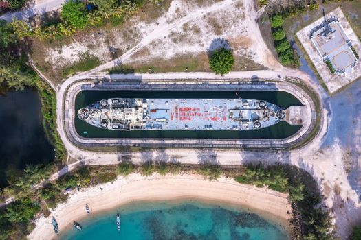 Aerial view of Thong Sala pier, boat and koh Tae Nai in koh Phangan, Thailand, south east asia