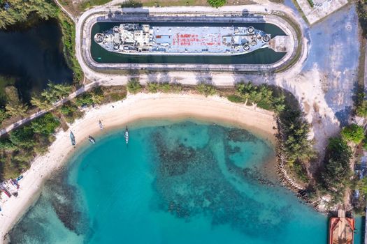 Aerial view of Thong Sala pier, boat and koh Tae Nai in koh Phangan, Thailand, south east asia