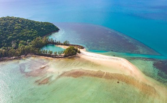 Aerial view of Thong Sala pier, boat and koh Tae Nai in koh Phangan, Thailand, south east asia