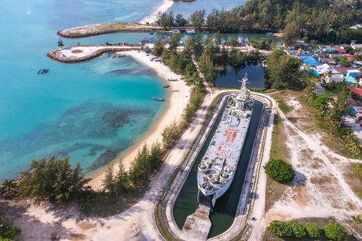 Aerial view of Thong Sala pier, boat and koh Tae Nai in koh Phangan, Thailand, south east asia