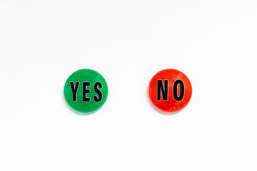 Yes No text on colored button against white background. Answer and question concept.