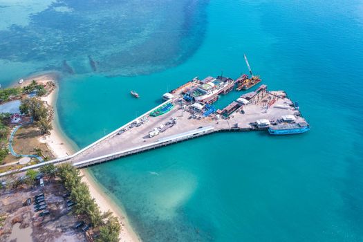 Aerial view of Thong Sala pier, boat and koh Tae Nai in koh Phangan, Thailand, south east asia