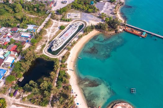 Aerial view of Thong Sala pier, boat and koh Tae Nai in koh Phangan, Thailand, south east asia