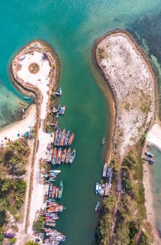 Aerial view of Thong Sala pier, boat and koh Tae Nai in koh Phangan, Thailand, south east asia