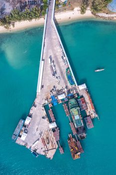 Aerial view of Thong Sala pier, boat and koh Tae Nai in koh Phangan, Thailand, south east asia