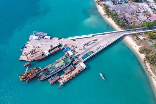 Aerial view of Thong Sala pier, boat and koh Tae Nai in koh Phangan, Thailand, south east asia