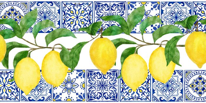 Hand drawn watercolor seamless border with yellow citrus lemons, blue white portugese azulejo tiles. Bright summer holiday vintage frame, tasty fruit healthy juicy ripe