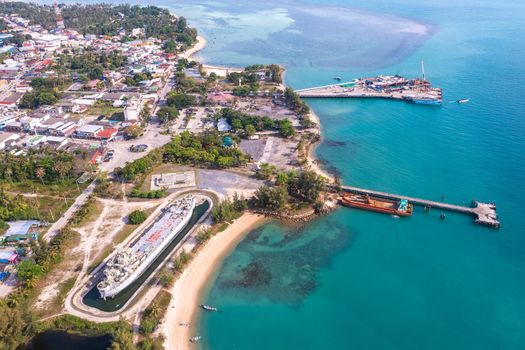 Aerial view of Thong Sala pier, boat and koh Tae Nai in koh Phangan, Thailand, south east asia