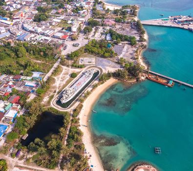 Aerial view of Thong Sala pier, boat and koh Tae Nai in koh Phangan, Thailand, south east asia