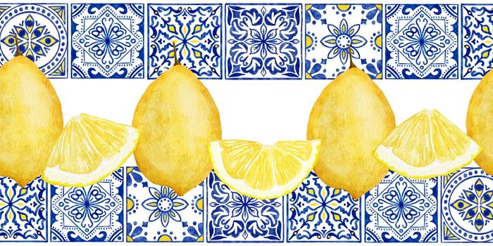 Hand drawn watercolor seamless border with yellow citrus lemons, blue white portugese azulejo tiles. Bright summer holiday vintage frame, tasty fruit healthy juicy ripe