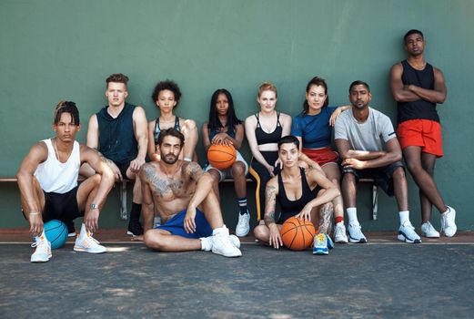 Teamwork is the beauty of basketball. Portrait of a group of sporty young people taking a break after a game of basketball