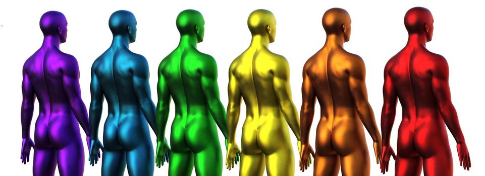 3D render. Row of naked multicolored men stand with their backs against a white background