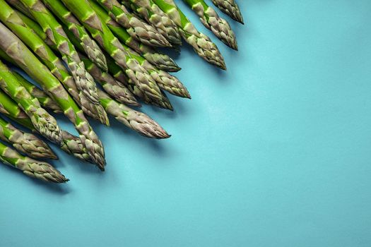 Close-up shot of an edible, ripe sprigs of asparagus isolated on blue background. Fresh, green vegetables, top view. Healthy eating. Spring harvest, agricultural farming concept.