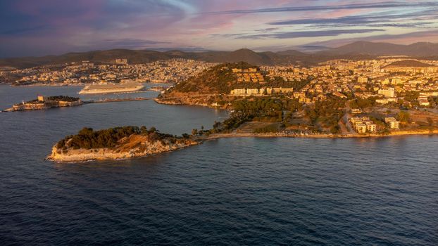 Aerial view of Kusadasi town, Turkey. The large resort town is a popular tourist destination in Turkey. High quality photo