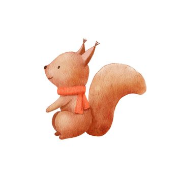 Watercolor Baby squirrel character with winter scarf. Hand drawn cute woodland animal. Cartoon illustration isolated on white.