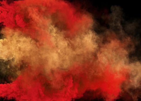 Red and wheat color fantasy smoke and magic fog dark texture. Duo colors 3D render abstract background for fest and fan party decoration
