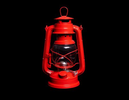 Red vintage kerosene lamp on black background, isolated object. Halloween concept, poster, banner. Simple object for your design