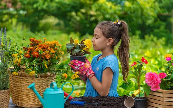 The child is planting flowers in the garden. Selective focus. Kid.