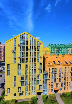 Street with colorful houses and beautiful eterior design in Kyiv, Ukraine. Aerial. Comfort town.