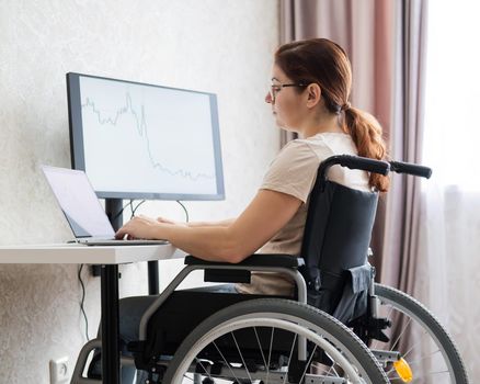 Caucasian woman on wheelchair working on laptop