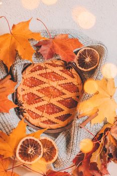 Autumn leaves and pie . crazy vibes. Autumn article. Printed products autumn. Homemade cakes