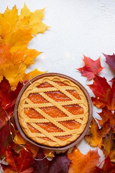 Autumn leaves and pie . crazy vibes. Autumn article. Printed products autumn. Homemade cakes