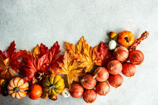 Frame made with fake autumnl leaves and harvest vegetables on the concrete background