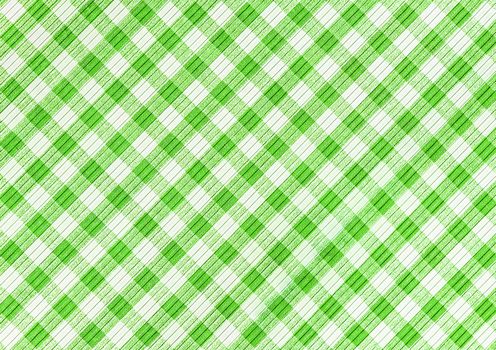 Green and white abstract checkered pattern background, picnic gingham tablecloth, square fabric texture.