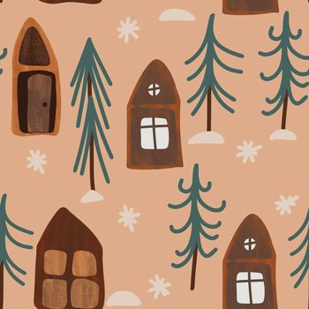 Seamless hand drawn christmas boho pattern with cartoon houses in fir spruce tree forest. Scandinavian winter background print for wrapping paper new year decor party celebration