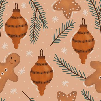 Hand drawn seamless pattern in boho style beige green neutral with christmas tree ornaments gingerbread cookies fir spruce tree branches. New year decor wrapping paper party celebration winter cartoon