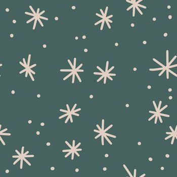 Seamless hand drawn pattern with white christmas snowflake on neutral dark green background. Elegant bohemian minimalist simple winter design in cartoon style, december party decor wrapping new year paper