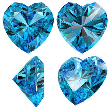 Blue heart diamond cut gem isolated different views with refraction