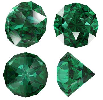 Emerald gem isolated different views with refraction