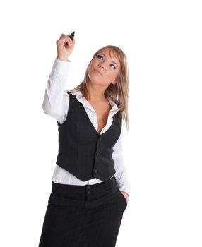 Young cute business woman draw with marker isolated