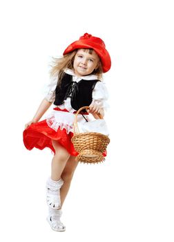Little Red Riding Hood child costume run with basket isolated