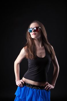 Beauty girl dance disco style in anaglyph glasses