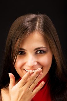 Happy young woman smile and close her mouth