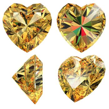 Yellow jewellery heart shape isolated different views with refraction