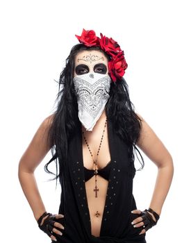 Young woman wearing with roses dressed up for All Souls Day hide face isolated