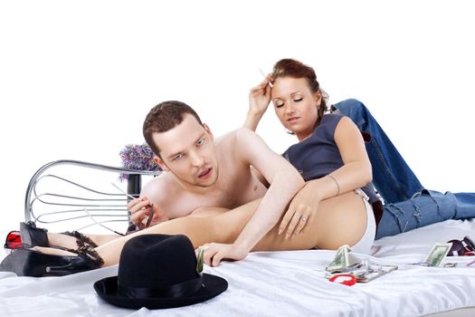 adult man and woman on bed at morning alcohol withdrawal syndrome