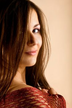 Portrait of young pretty woman with red lace