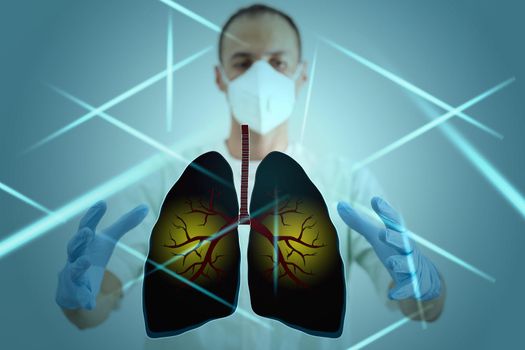 Female doctor holding virtual Lungs in hand. Handrawn human organ, copy space on right side, raw photo colors. Healthcare hospital service