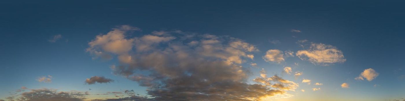 Dark blue sunset sky panorama with pink Cumulus clouds. Seamless hdr 360 pano in spherical equirectangular format. Full zenith for 3D visualization, game, sky replacement for aerial drone panoramas