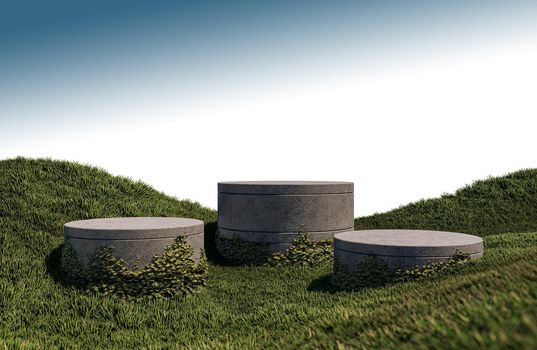 A 3d rendering image of product display on grass field