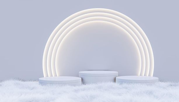 A 3d rendering image of product display on white fur which have white wall as background