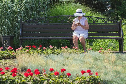An elderly woman sits on a bench and looks at the phone. Walk in the park.