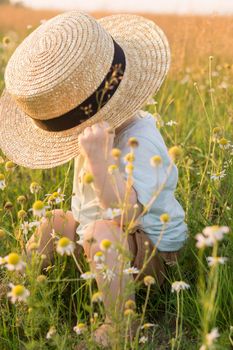 A little blond boy in a straw hat is sitting in the grass in a chamomile field. The concept of walking in nature, freedom and an environmentally friendly lifestyle.