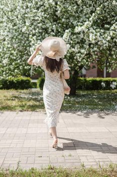 An attractive long-haired woman walks in the spring in the park of blooming apple trees. Spring portrait of a woman